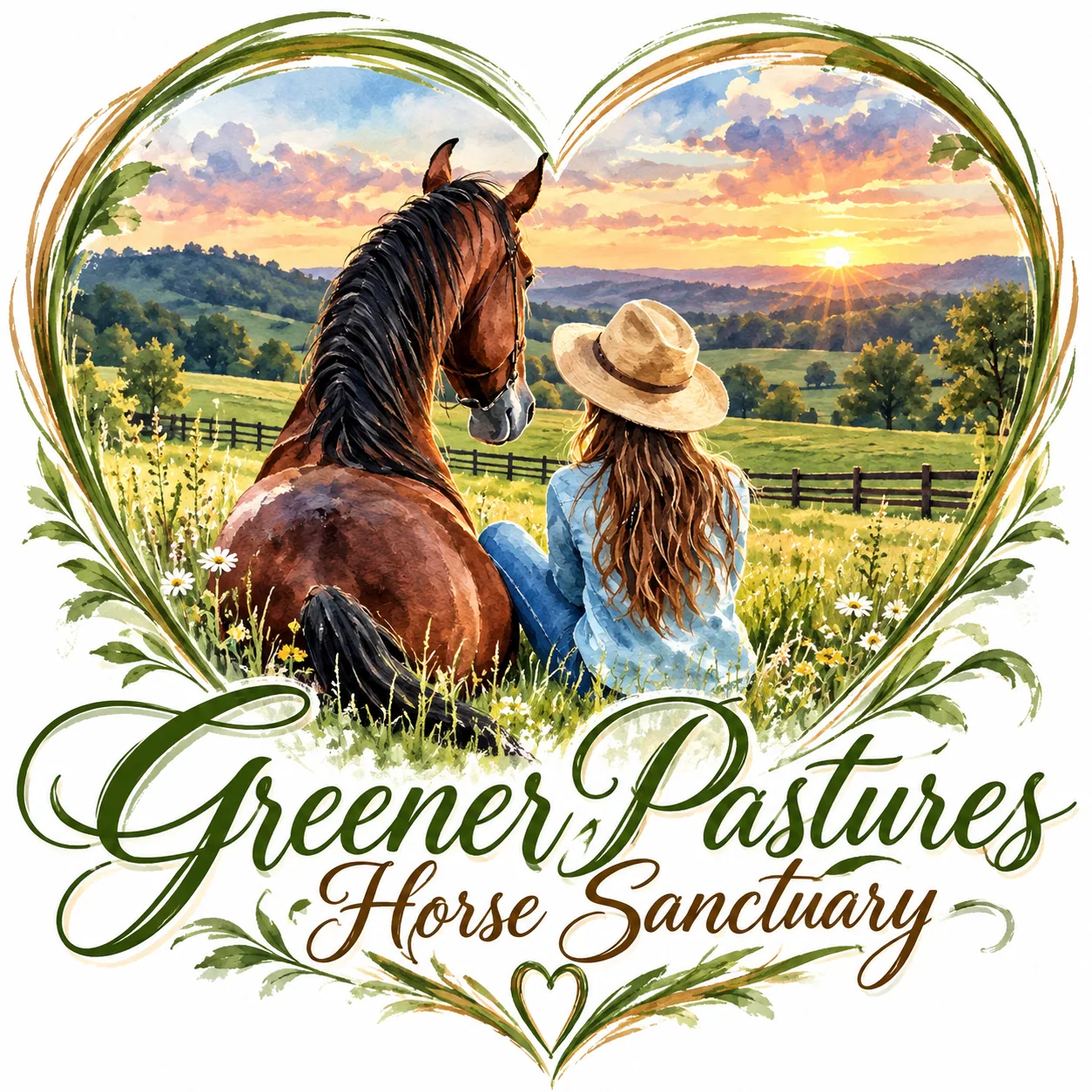 Greener Pastures Horse Sanctuary watercolor logo showing a horse and woman within a heart overlooking green pastures